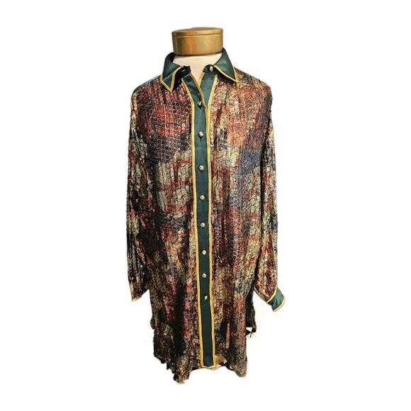 Vintage 90s Nina Ricci 100% Silk Sequin Dress Top Size 10 Showgirl Vibes Grn Org - Picture 1 of 15